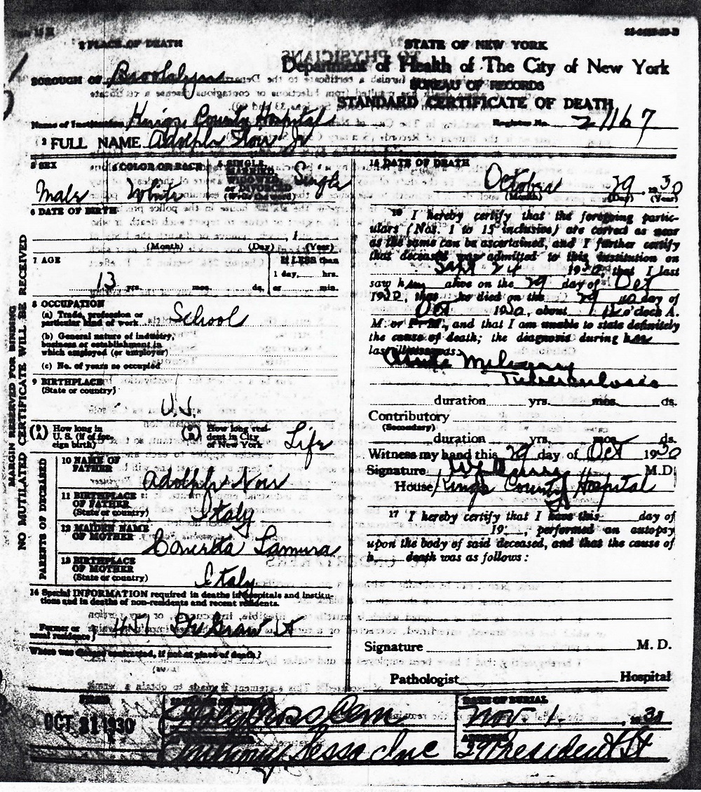 Adolph Nori Jr. Death Certificate
