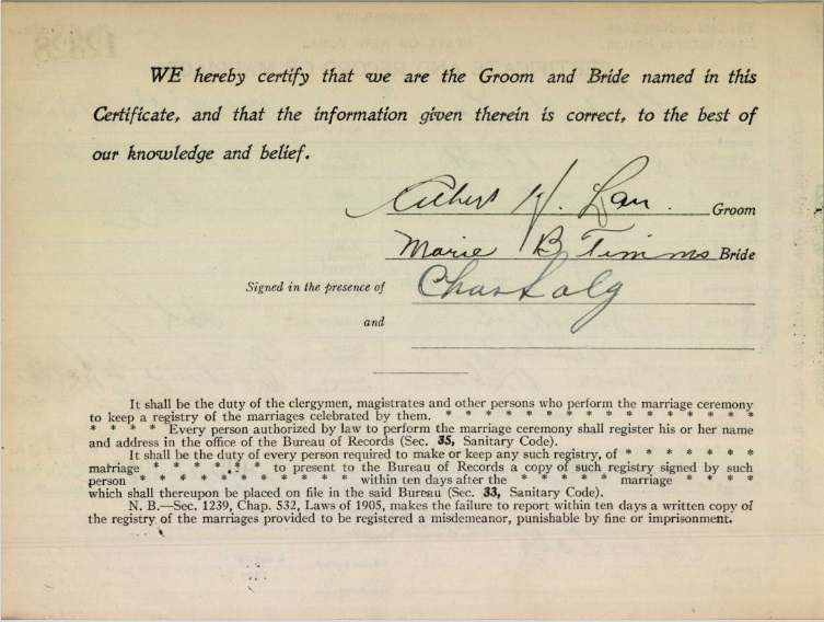 Albert H. Lau and Marie B. Timms Marriage Certificate