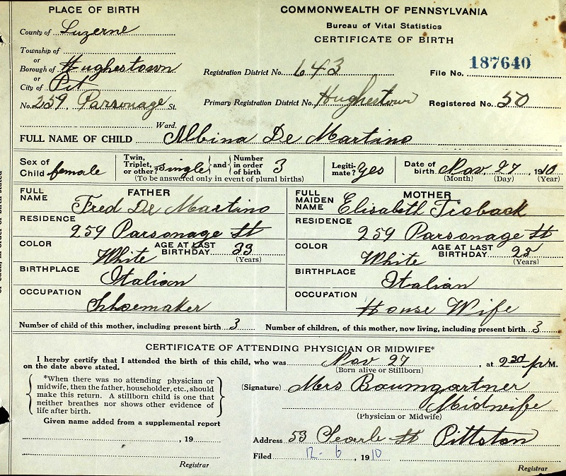 Albina DeMartino Birth Certificate