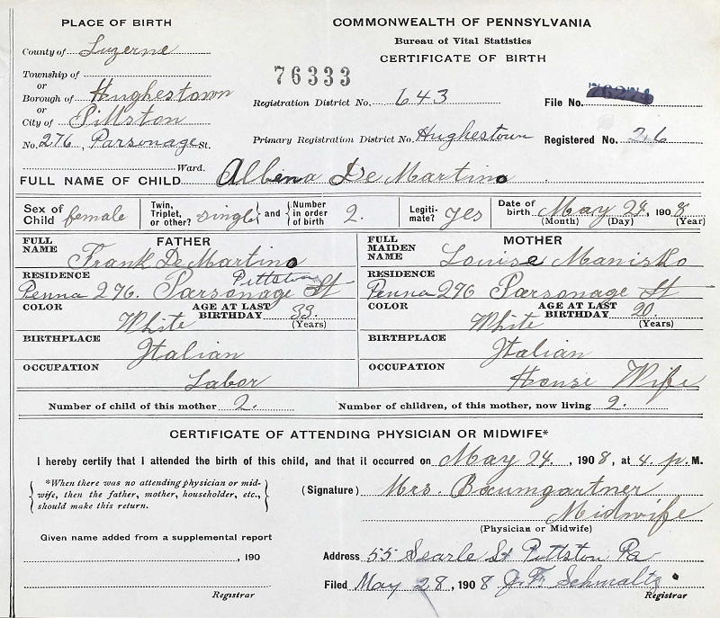 Albina DeMartino Birth Certificate