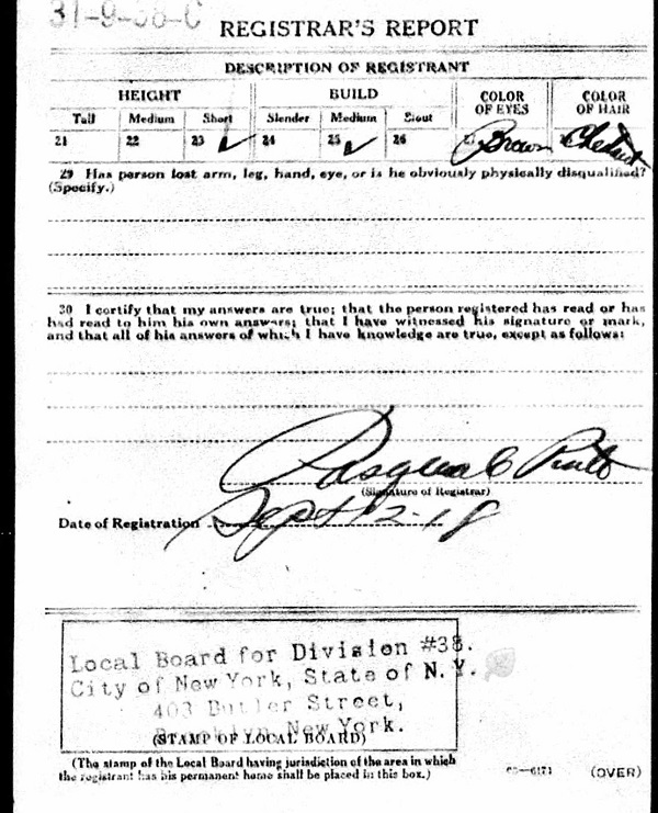 Alfred De Feo WW1 Draft Registration