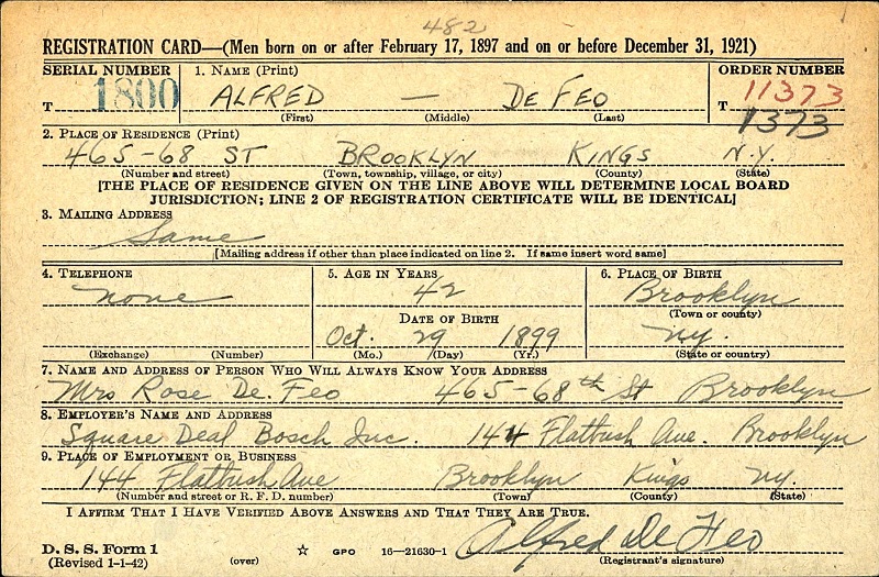 Alfred De Feo WW2 Draft Registration