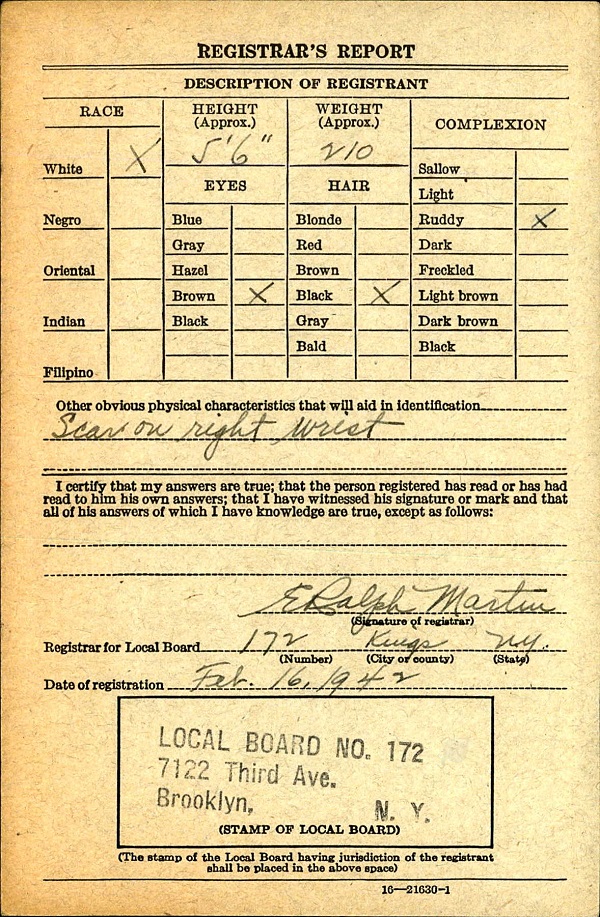 Alfred De Feo WW2 Draft Registration