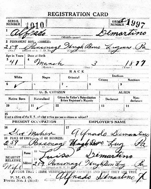 Alfred DeMartino World War II Draft Registration
