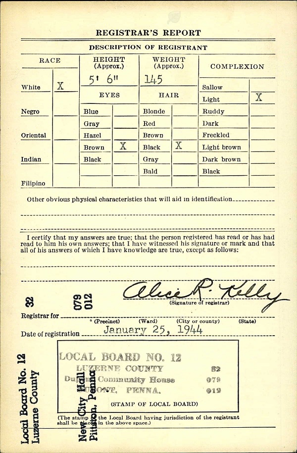 Alfred DeMartino WW2 Draft Registration