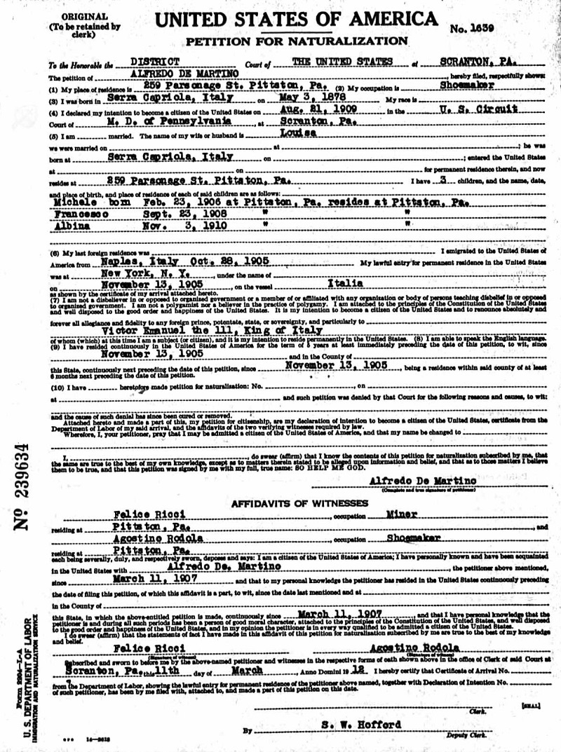 Alfred DeMartino Immigration Record