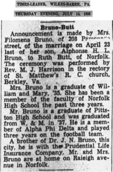 Alphonse Bruno and Ruth Butt Marriage