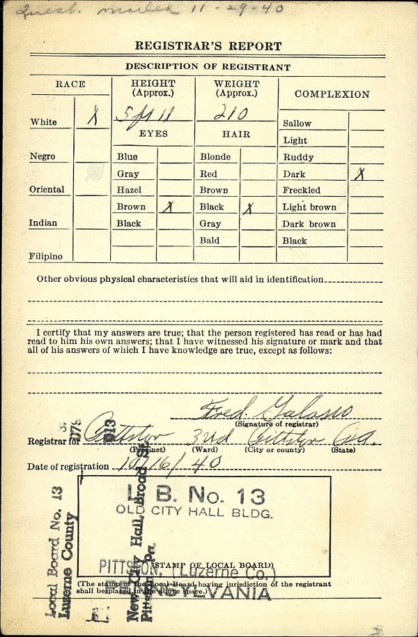 Alphonse Bruno World War II Draft Registration