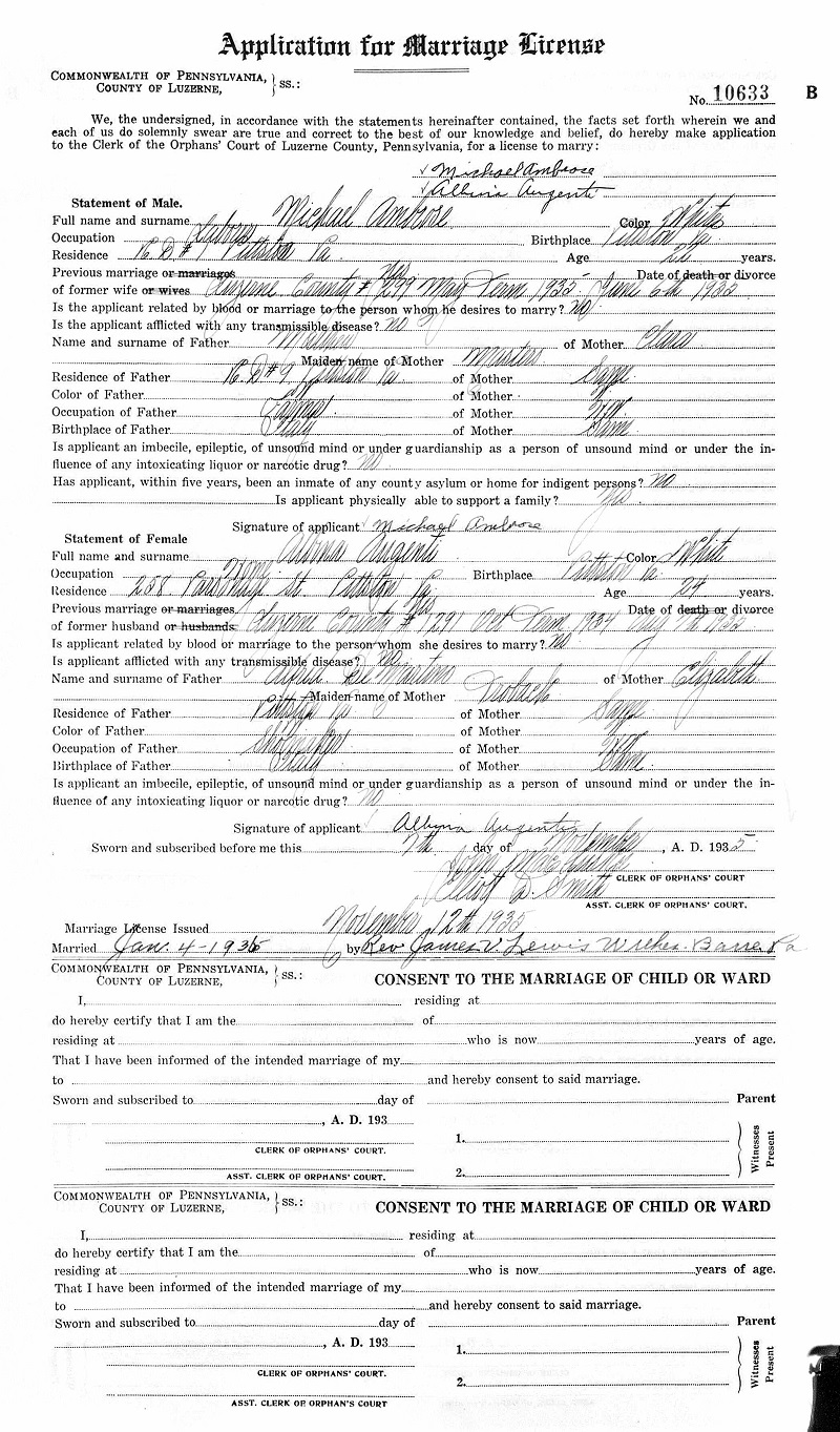 Michael Ambrose and Albina Augenti Marriage Record