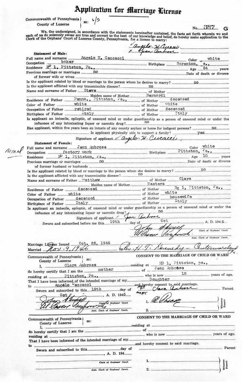 Jean Ambrose and Angelo Ceccacci Marriage Record