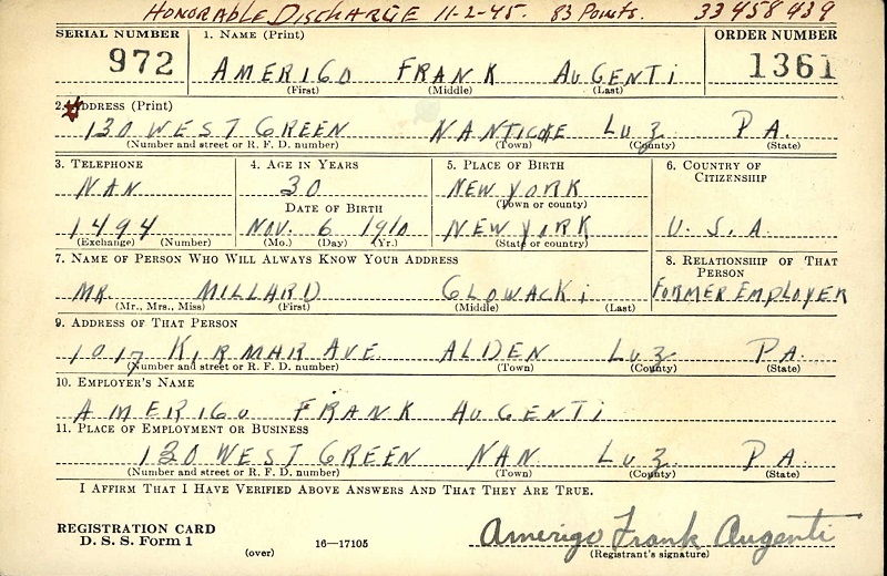 Amerigo Frank Augenti WW2 Draft Registration