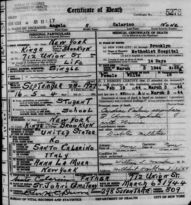Angela R. Calarino Death Certificate