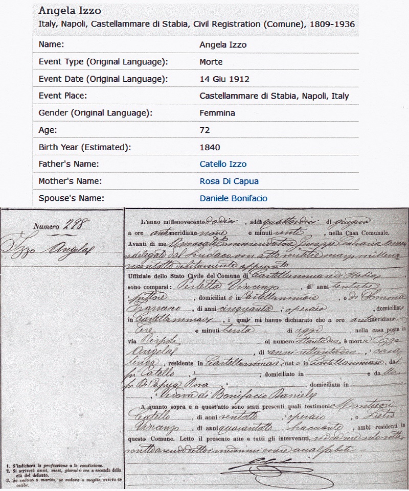 Angela Izzo Bonifacio Death Record