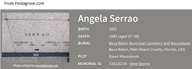 Angela Tozzo Serrao Death Cemetery Record