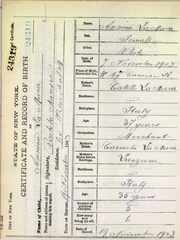 Anna LaMura Birth Certificate