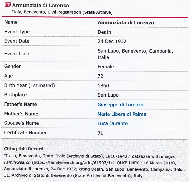 Annunziata di Lorenzo Durante Death Record