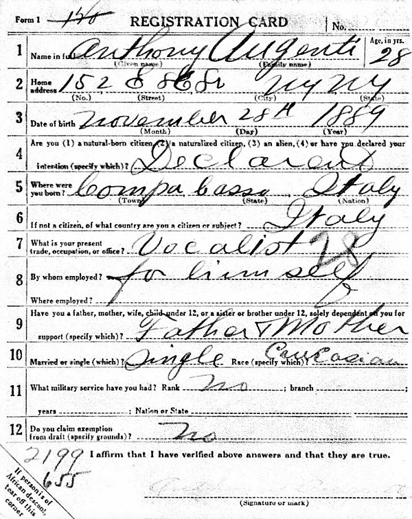 Anthony Augenti WW1 Draft Registration
