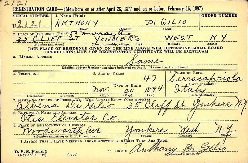 Anthony DiGilio WW2 Draft Registration