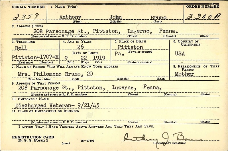 Anthony Bruno WW2 Draft Registration