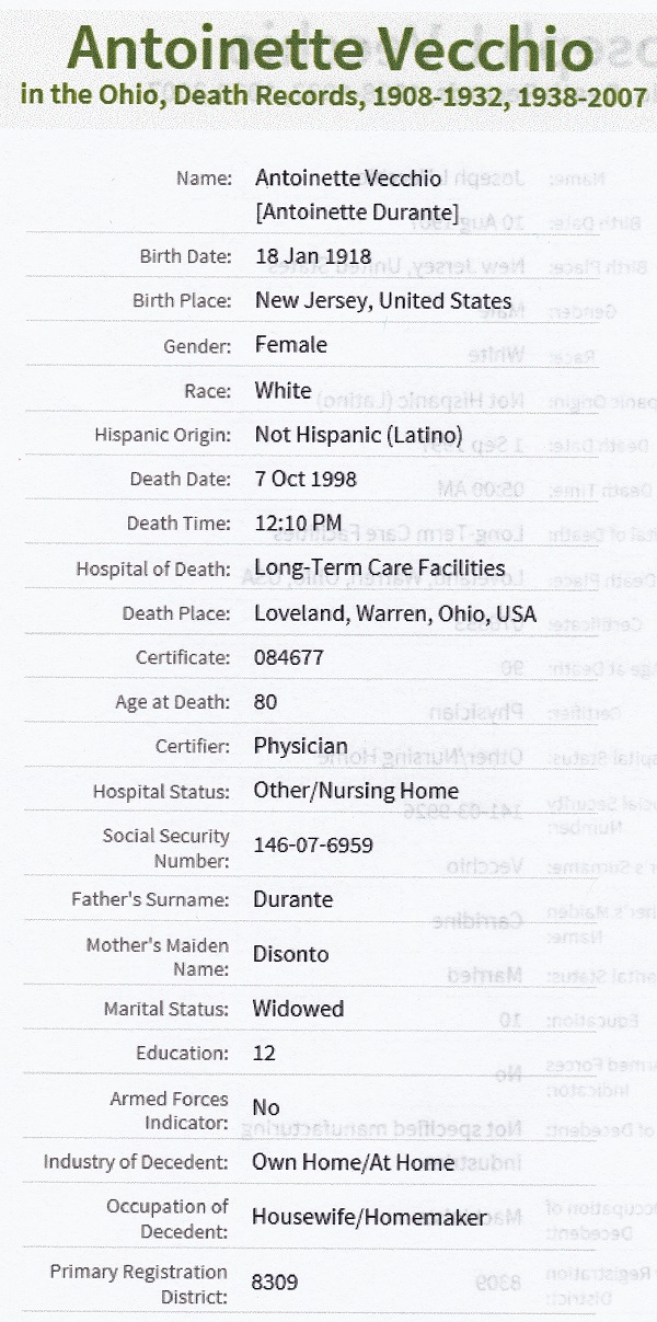 Antoinette Durante Vecchio death record
