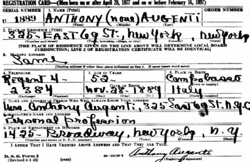 Anthony Augenti WW2 Draft Registration