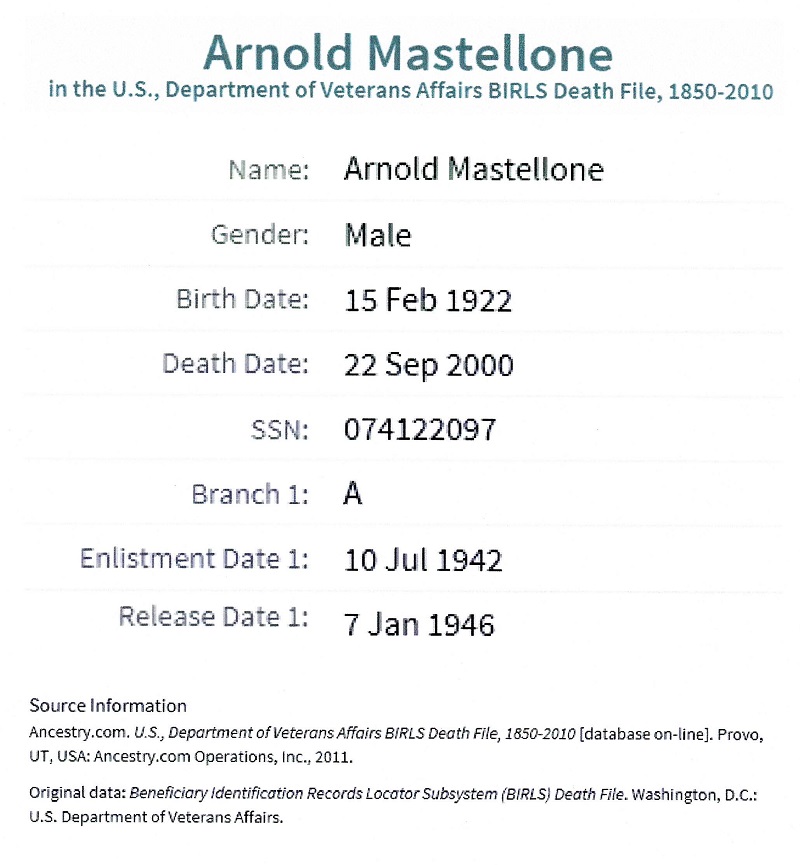 Arnold J. Mastellone Military Records