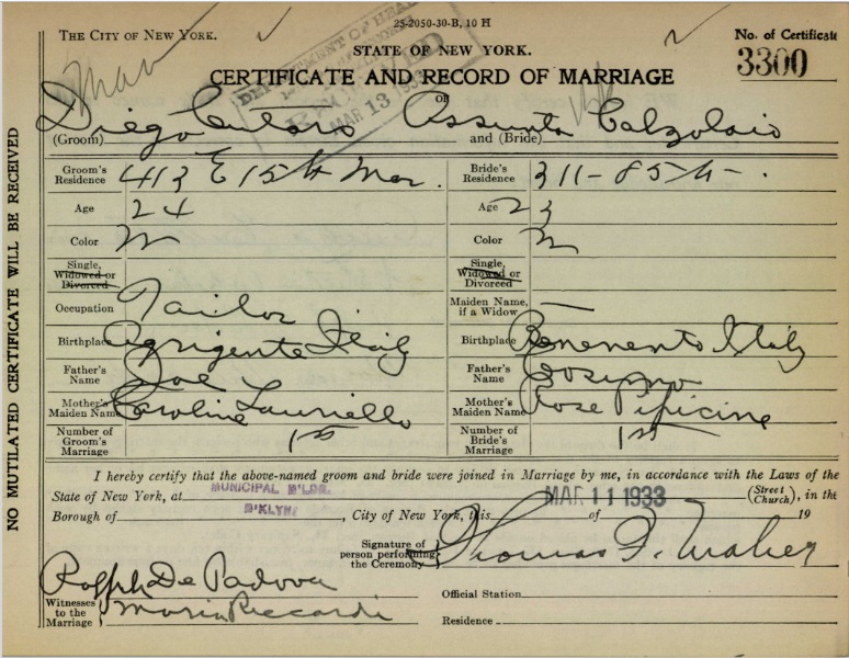 Assunta Calzolaio and Diego Cutaia Marriage Certificate