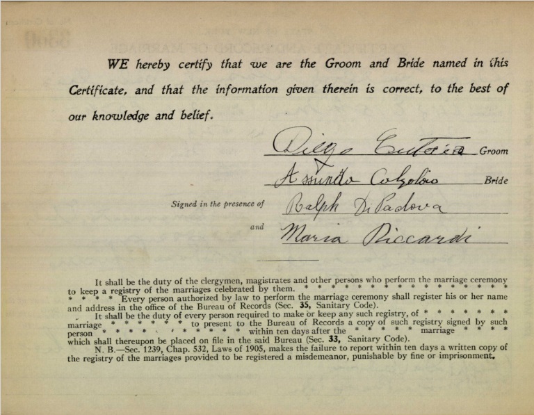 Assunta Calzolaio and Diego Cutaia Marriage Certificate
