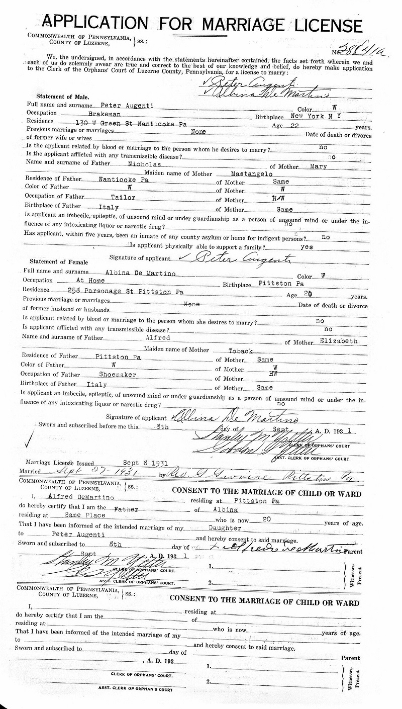 Peter Augenti and Albina DeMartino Marriage Record