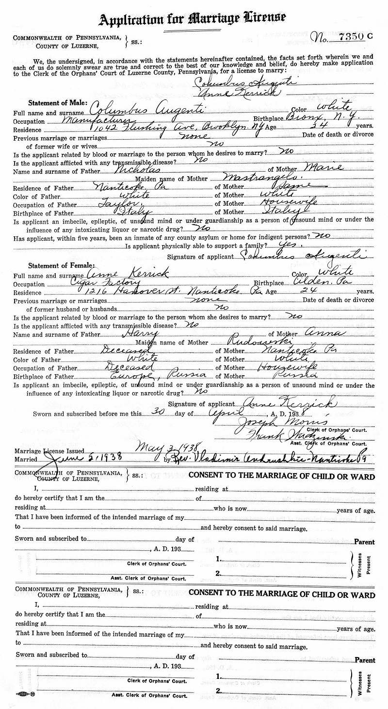Columbo Augenti and Anne Kerrick Marriage