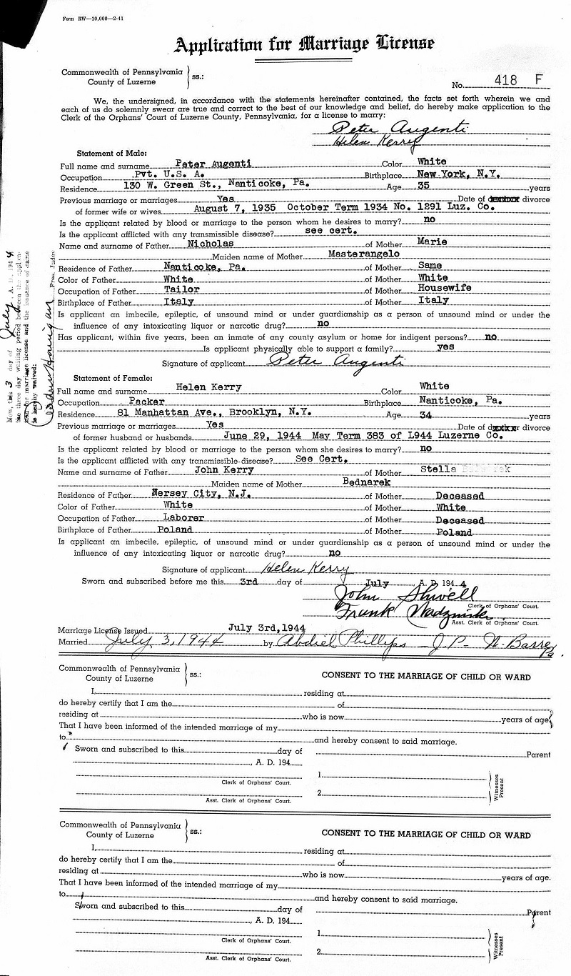 Peter Augenti and Helen Kovaleski Marriage