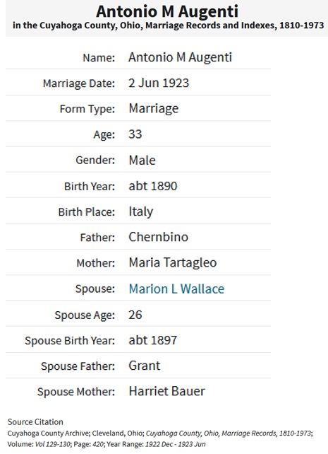 Anthony Augenti and Marion Wallace Marriage Index