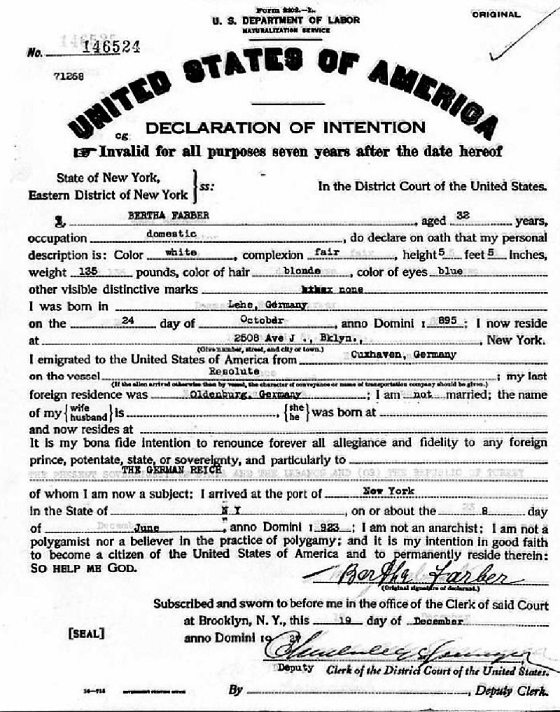 Bertha Farber Lanzaro Naturalization Record