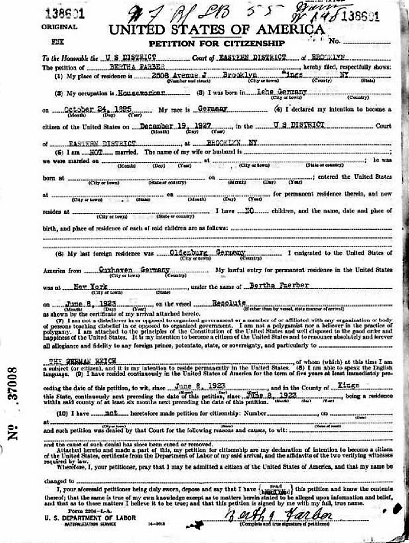 Bertha Farber Lanzaro Naturalization Record