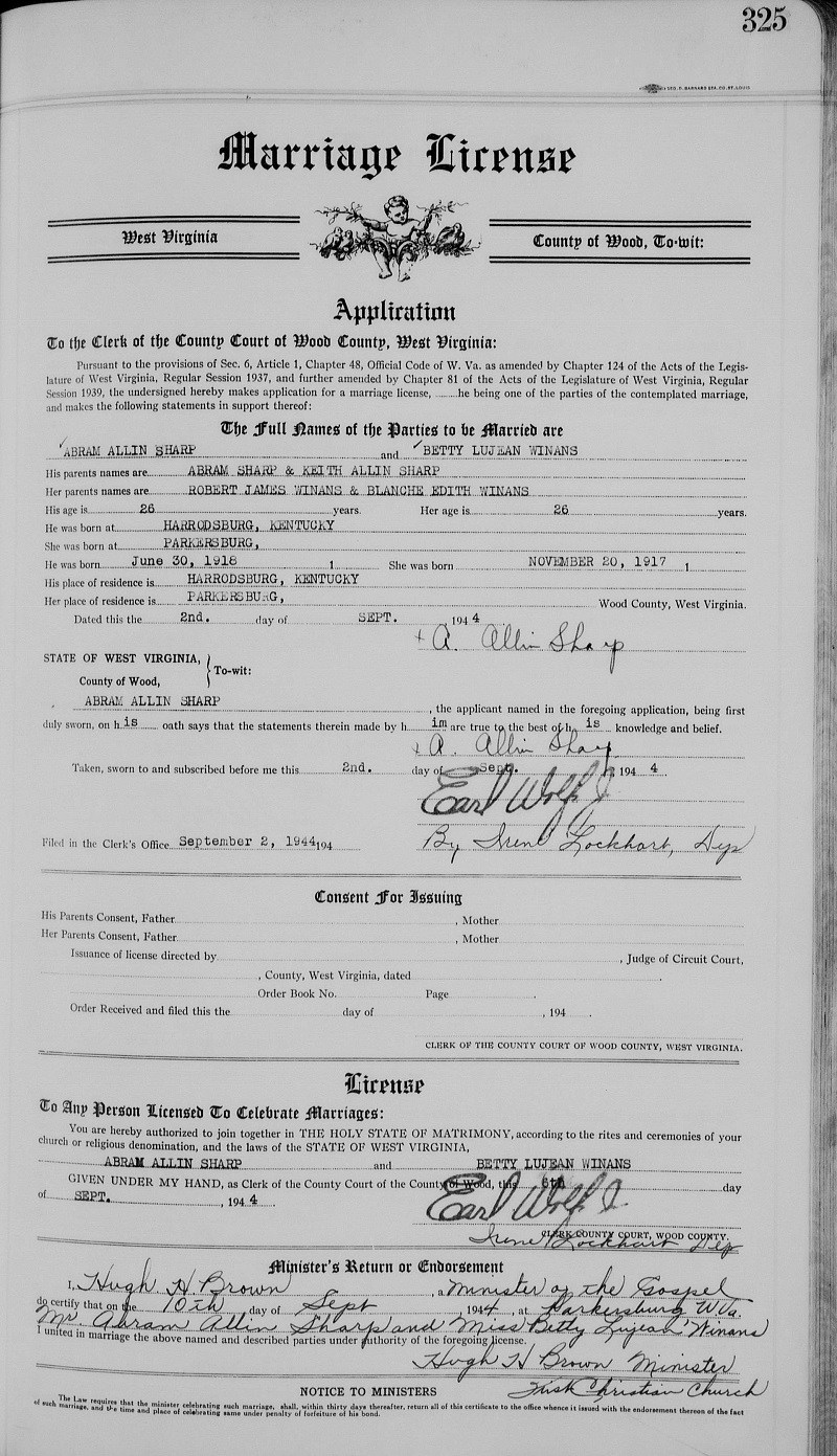 Betty Lujean Winans and Abram Allin Sharp Marriage License