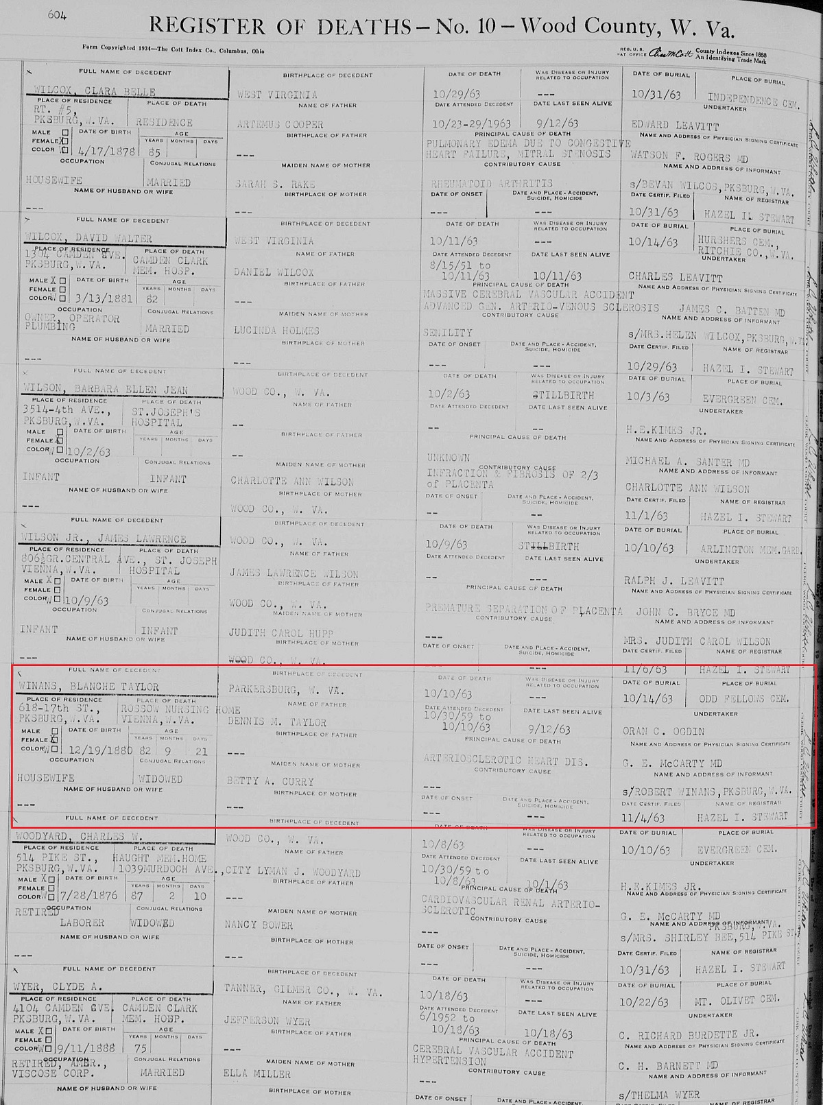 Blanche Taylor Winans Death Record