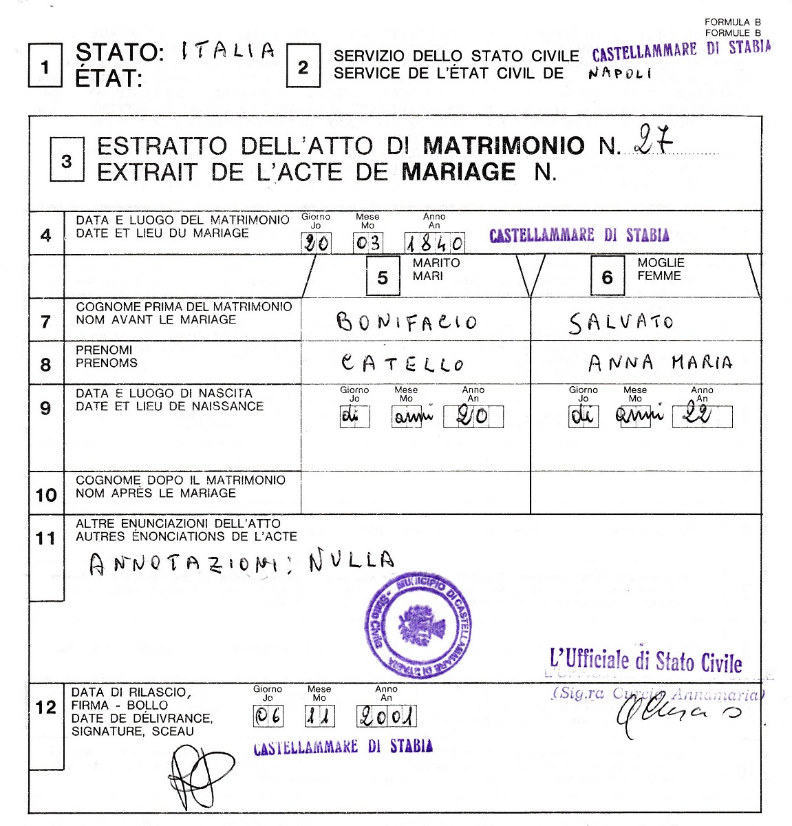 Catello Bonifacio and Anna Maria Salvato Marriage Extract