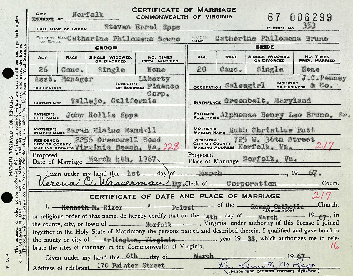 Catherine Philomena Bruno and Steven Errol Epps Marriage