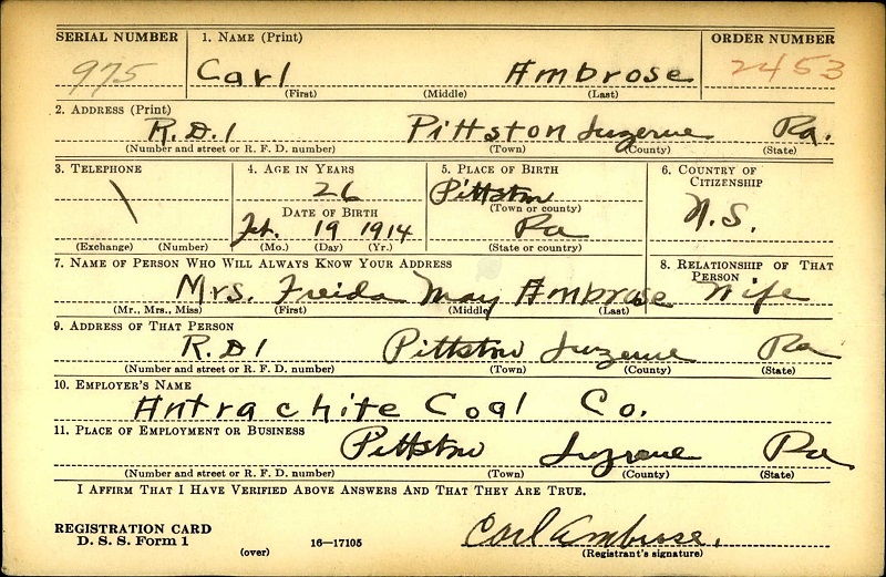 Carl Ambrose WW2 Draft Registration