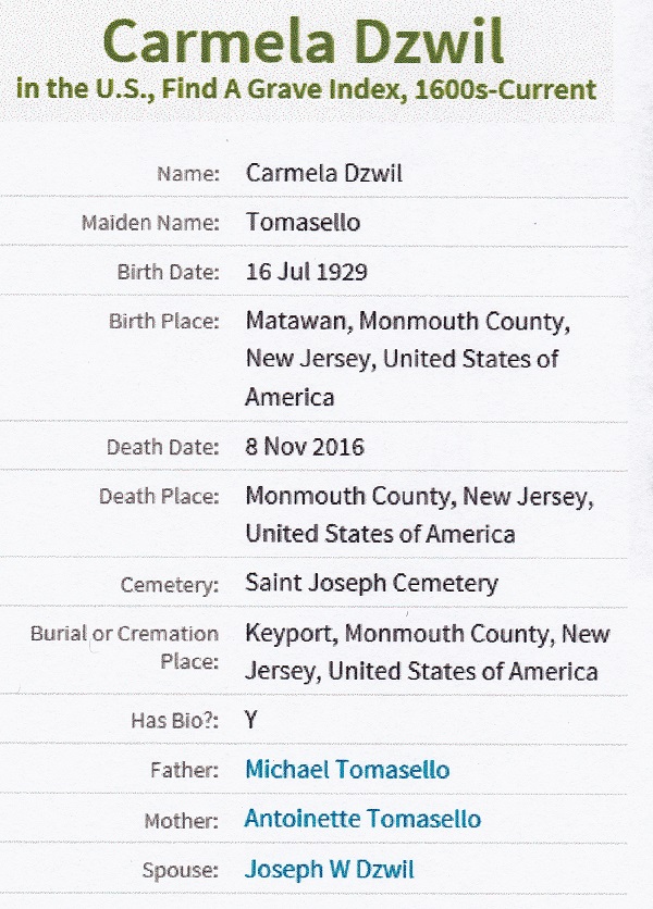 Carmela Tomasello Durante Dzwil Death and Cemetery Record