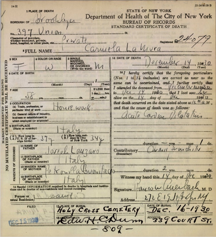 Maria Carmela Lanzaro LaMura Death Certificate