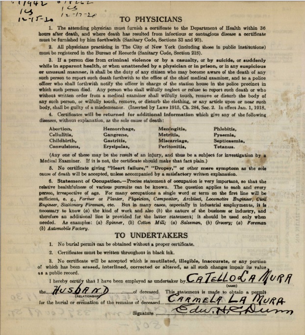 Maria Carmela Lanzaro LaMura Death Certificate