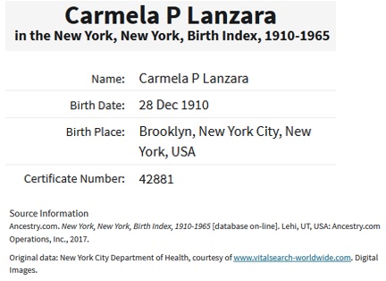 Carmela P. Lanzaro Birth Index