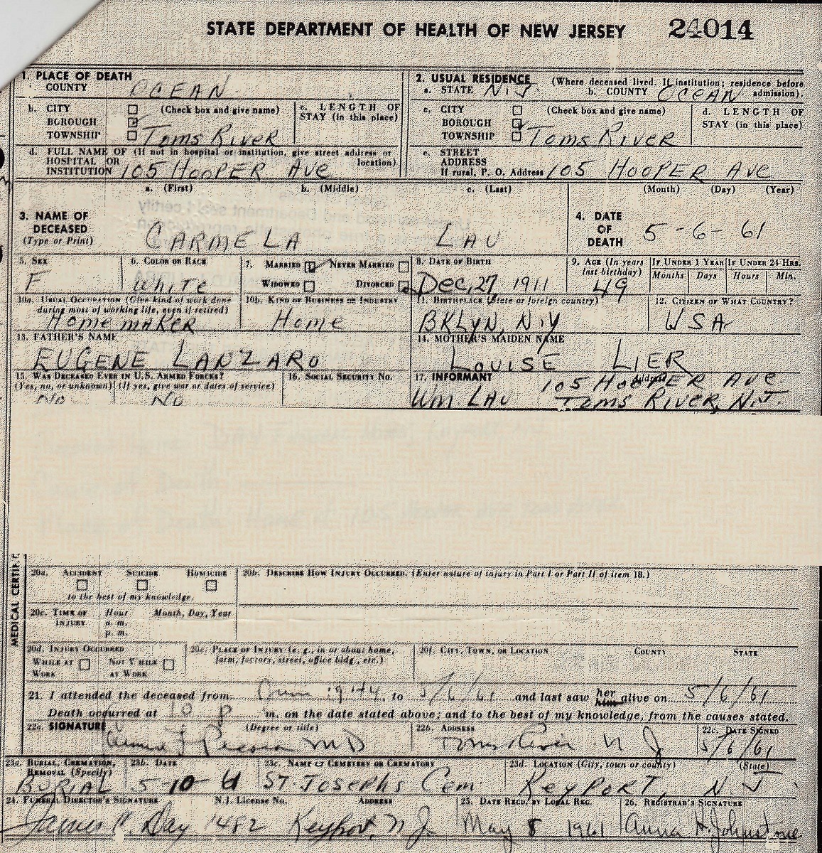 Carmela Lanzaro Lau Death Certificate