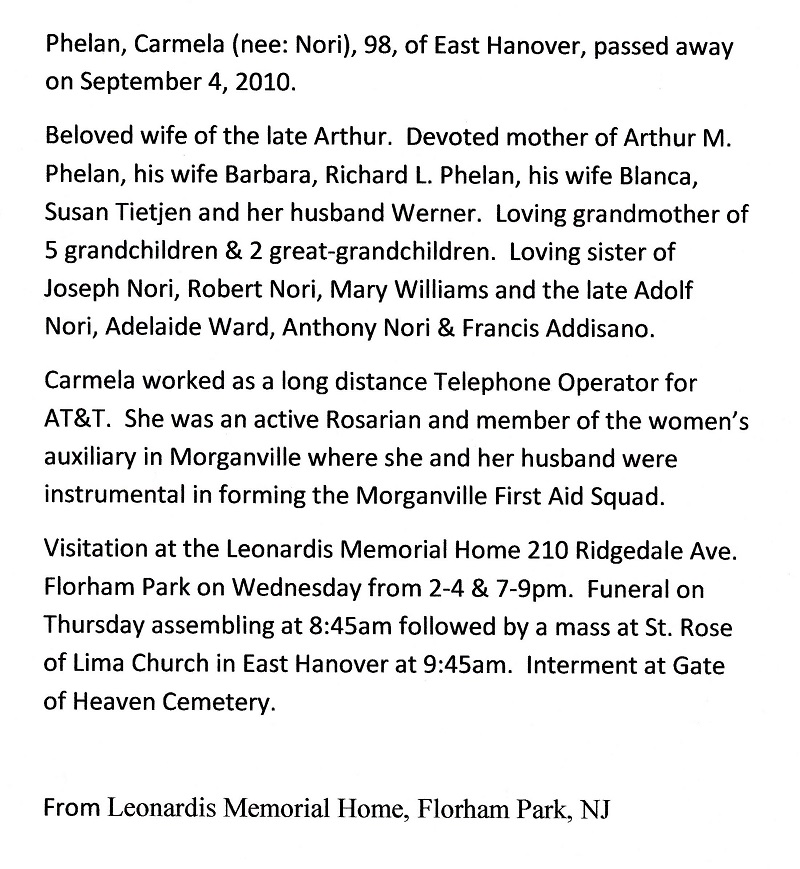 Carmela Nori Phelan Obituary