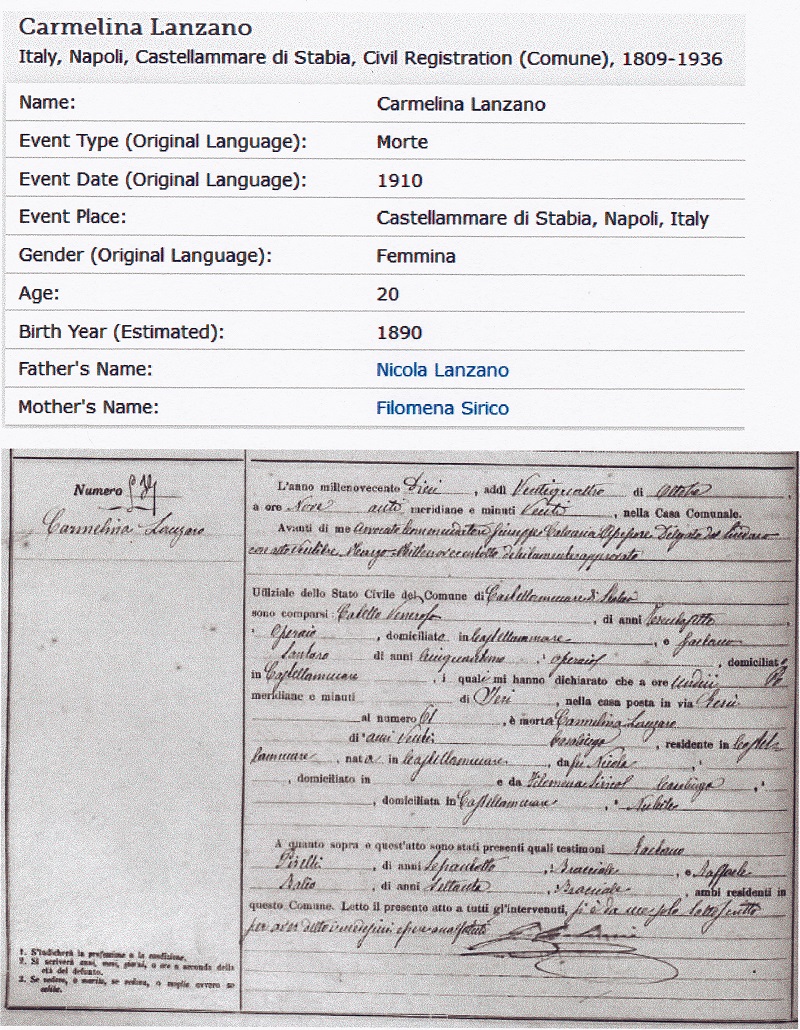 Carmelina Lanzaro Death Record