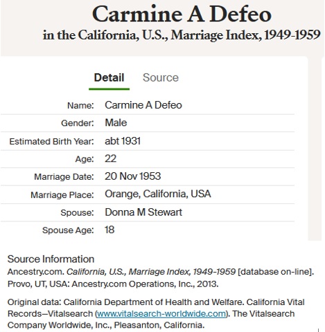 Carmine (Sonny) DeFeo Marriage 1
