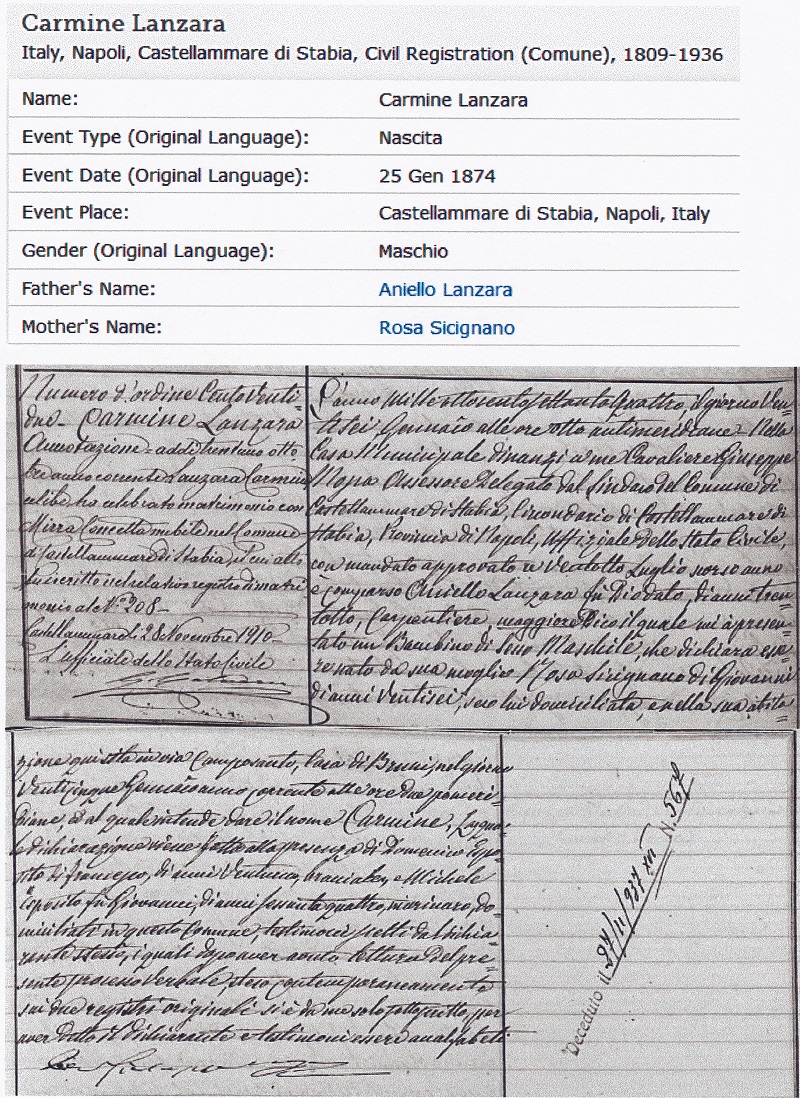Carmine Lanzaro Birth Record
