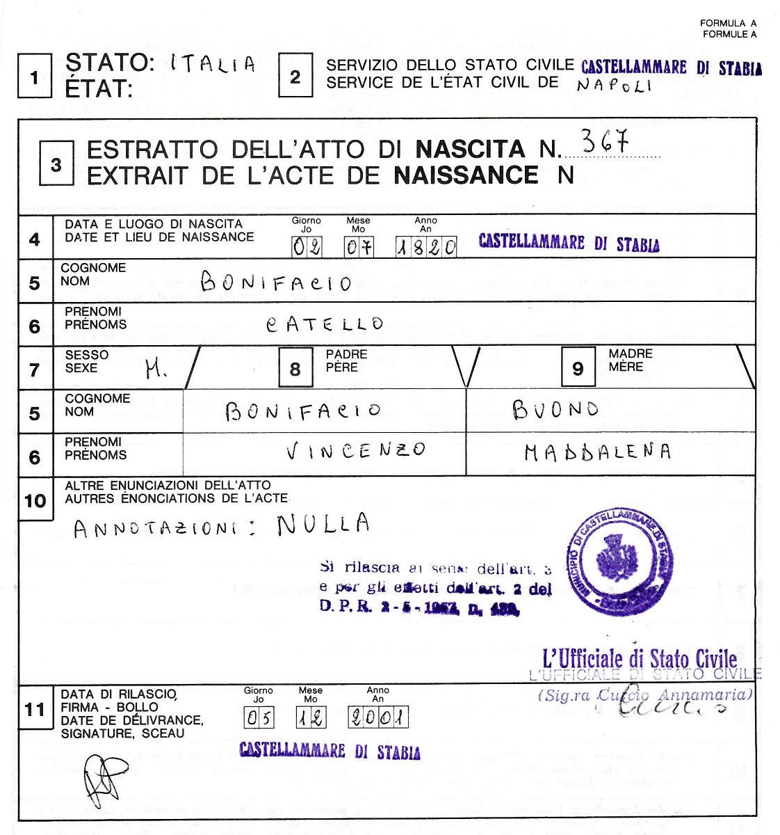 Catello Bonifacio Birth Extract