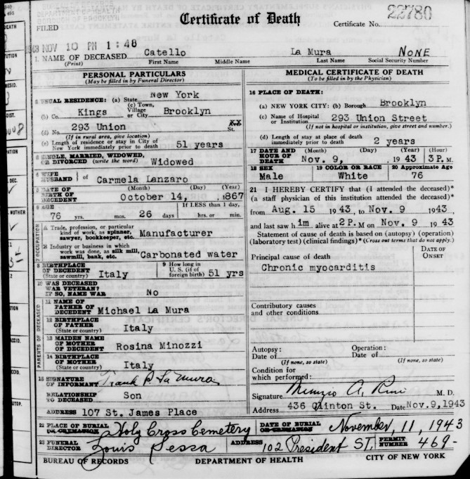 Catello LaMura Death Certificate